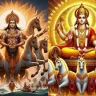 Surya Deva riding a seven-horse chariot in a traditional Hindu depiction with radiant light