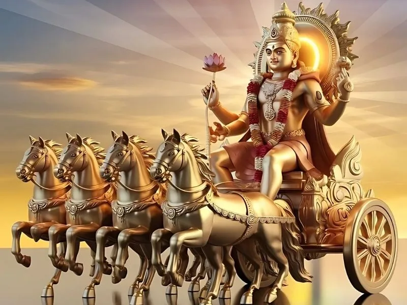 Devotee performing Suryanamaskar yoga at sunrise, offering reverence to the Sun God