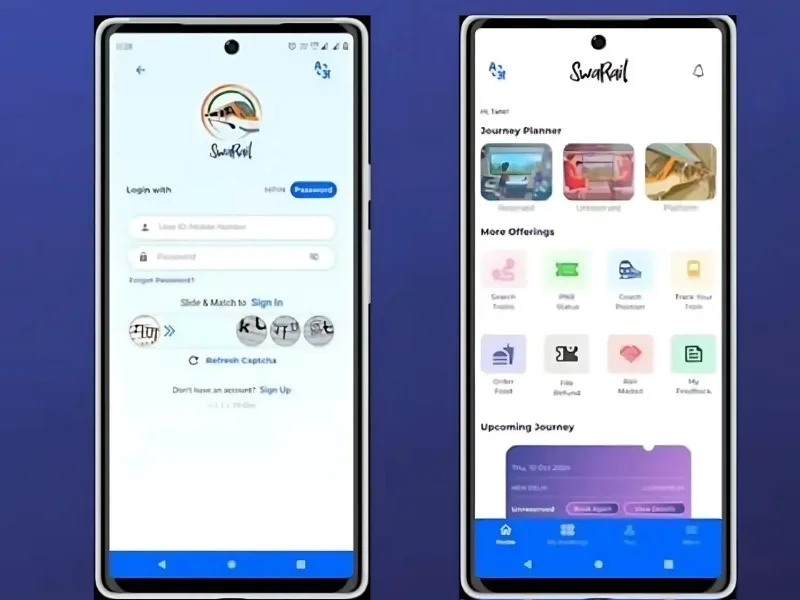 SwaRail app interface for train ticket booking, 2025