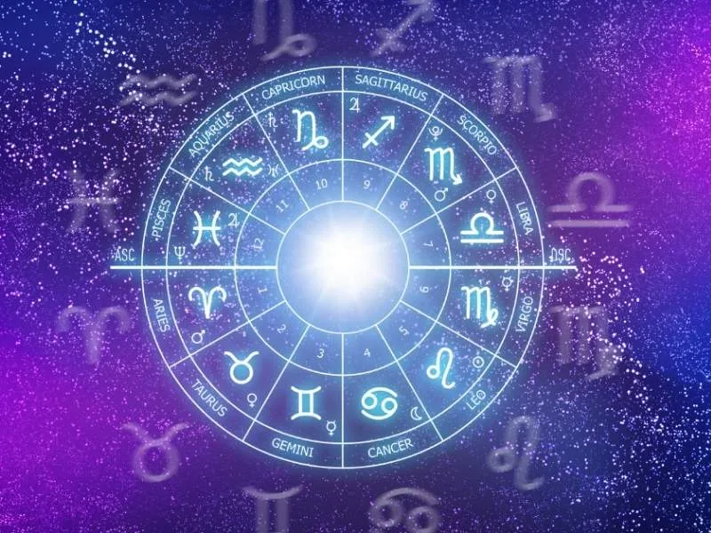 Colorful astrology chart showing horoscope predictions for all sun signs in Telugu for May 2025.