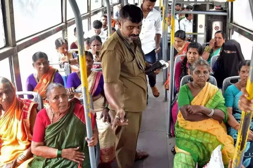 Women boarding a TGSRTC bus under the Mahalakshmi free travel scheme in Telangana 2025