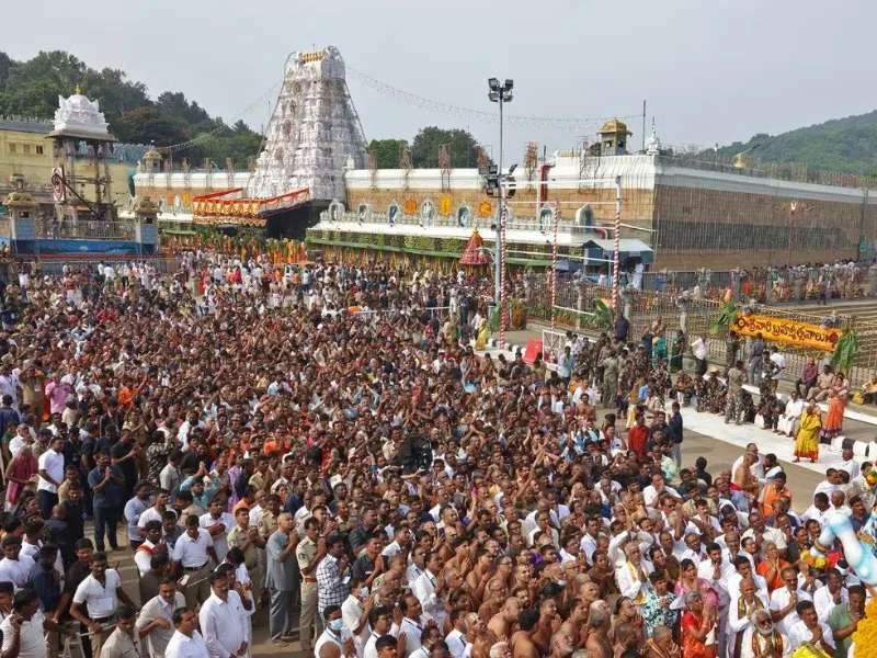 Devotees in queue for darshan at Tirumala temple in 2025