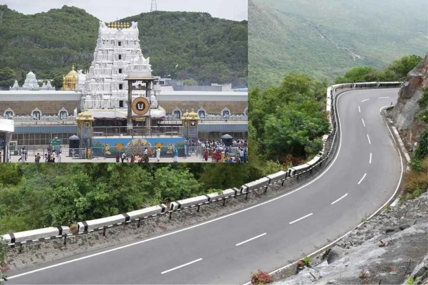 Workers preparing for restoration works on Tirumala Ghat Roads in Andhra Pradesh, 2025