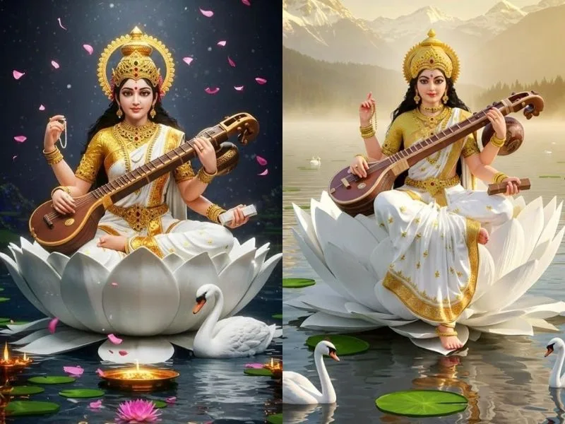 Vasant Panchami Saraswati Puja setup with books and flowers, symbolizing knowledge for Telugu students