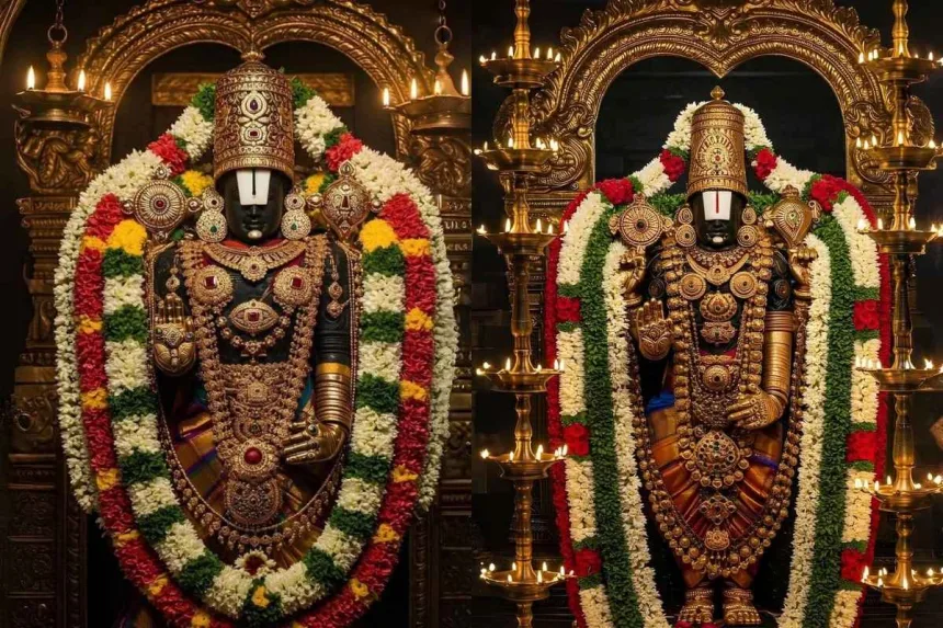 Venkateshwara Swami idol in Tirumala temple adorned with flowers and gold ornaments