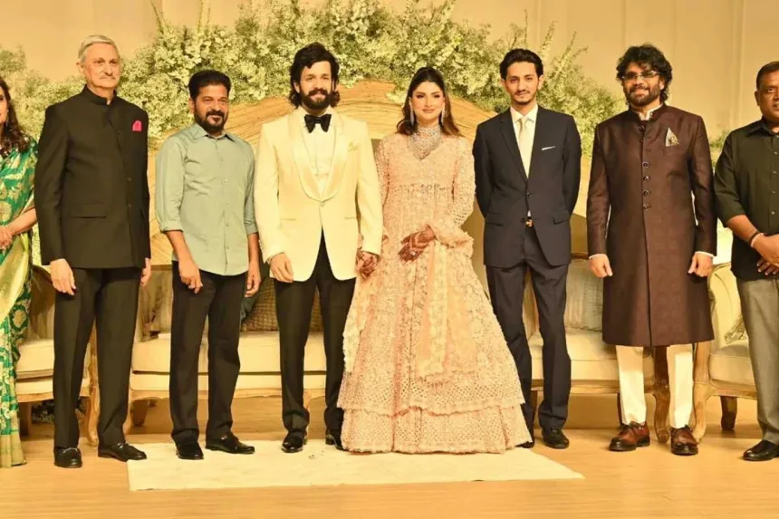 Akhil Akkineni and Zainab Ravdjee with CM Revanth Reddy at their wedding reception in Hyderabad 2025