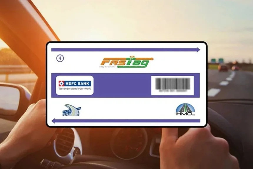 FASTag annual toll pass sticker on a car windshield for 2025 travel