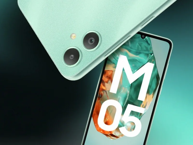 Close-up of Samsung Galaxy M05 50MP dual rear camera module in 2025