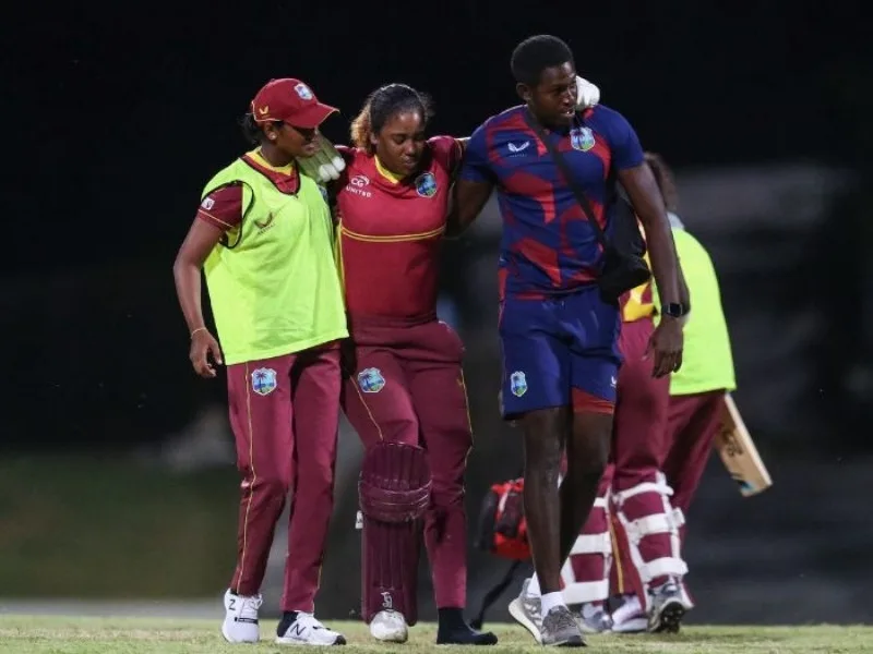 Hayley Matthews during England vs West Indies ODI 2025, sidelined with a shoulder injury.