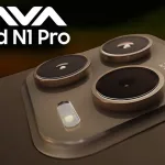 Lava Bold N1 Pro smartphone showcasing its titanium gold design in a tech store in 2025