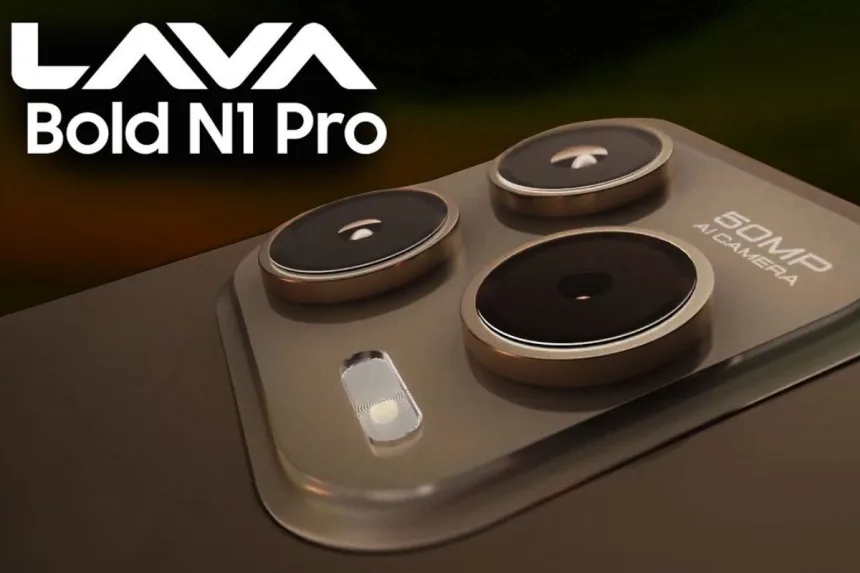 Lava Bold N1 Pro smartphone showcasing its titanium gold design in a tech store in 2025