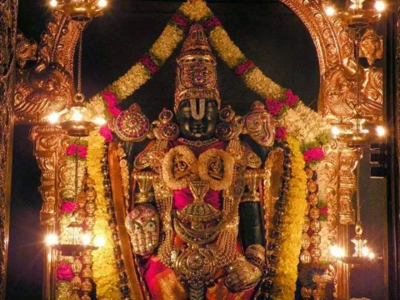 : Lord Venkateswara Swamy at Tirumala temple, adorned with divine jewels, attracting devotees in 2025 for spiritual darshan