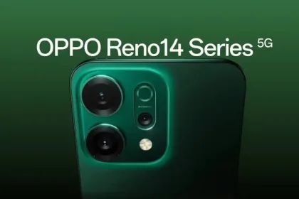 Oppo Reno 14 Pro 5G in green variant displayed for India launch in 2025