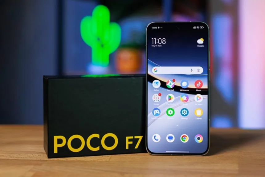 Poco F7 smartphone in black glossy finish displayed for India launch in 2025