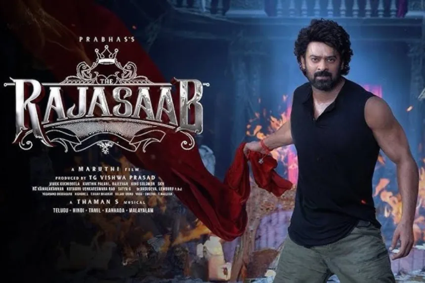 Prabhas with heroines at The Raja Saab teaser launch event in Hyderabad in 2025
