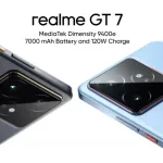 Realme GT 7 smartphone in IceSense Blue displayed in a tech store in India in 2025