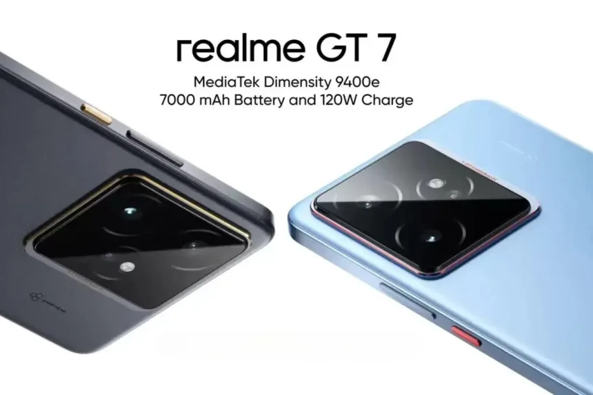 Realme GT 7 smartphone in IceSense Blue displayed in a tech store in India in 2025