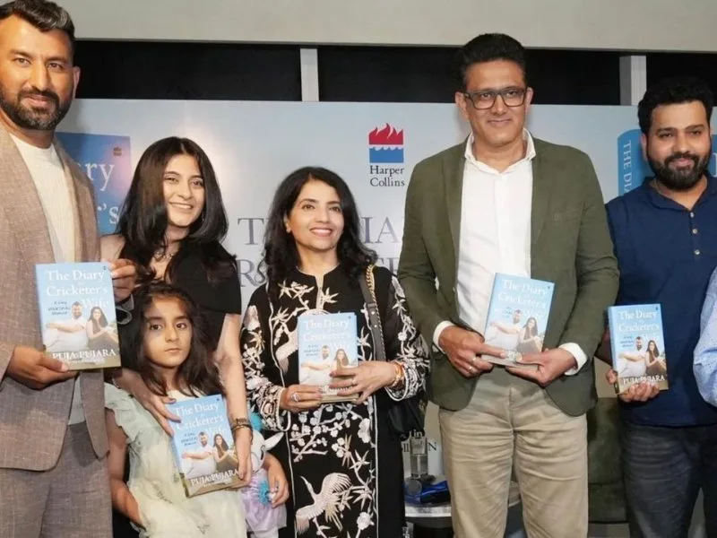 Rohit Sharma and Cheteshwar Pujara at the book launch of ‘The Diary of a Cricketer’s Wife’ in Mumbai, 2025.