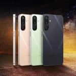 Samsung Galaxy M06 5G smartphone showcasing its sleek midnight blue design in a tech store in 2025