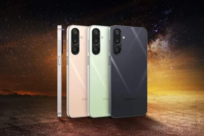Samsung Galaxy M06 5G smartphone showcasing its sleek midnight blue design in a tech store in 2025