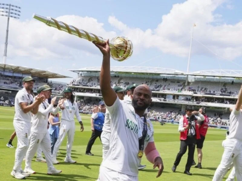 South Africa cricket team celebrates winning WTC Final 2025 at Lord’s with the trophy.