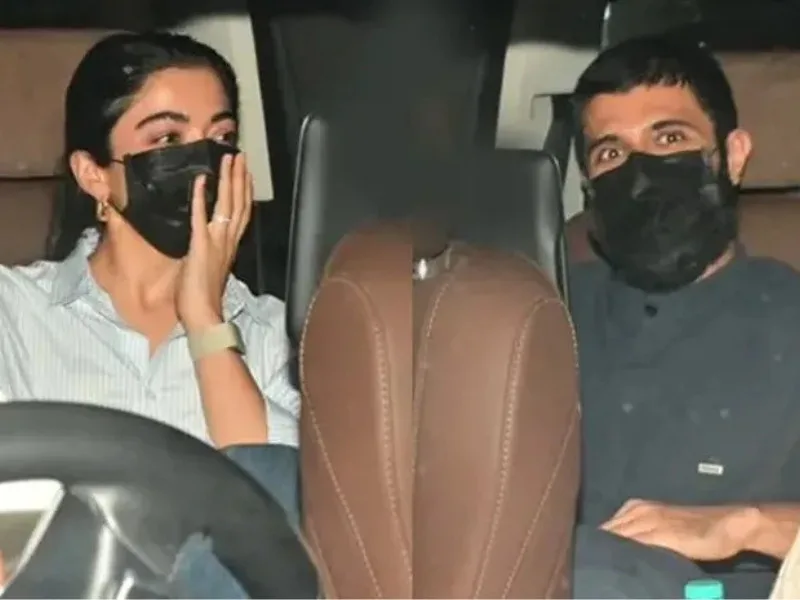 Vijay Deverakonda and Rashmika Mandanna in a car at Mumbai airport in 2025