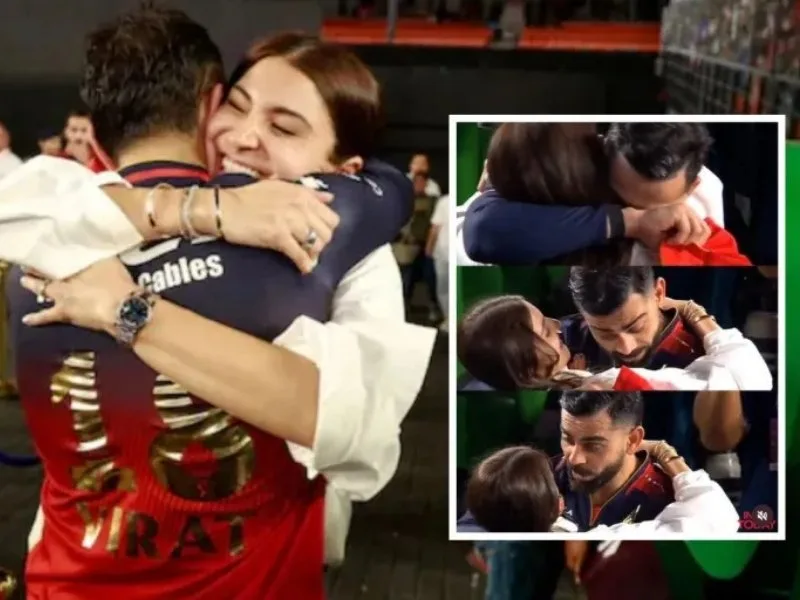 Virat Kohli crying while hugging Anushka Sharma after RCB’s IPL 2025 title win.