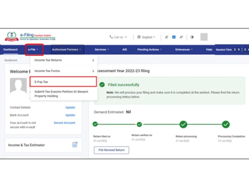 Income Tax e-payment portal interface for advance tax, 2025