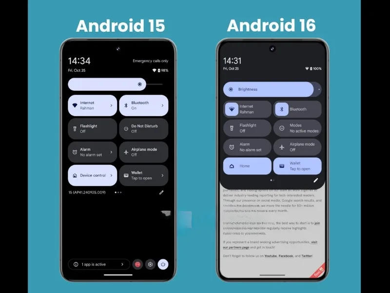 Android 16 interface with split quick settings on Pixel device, 2025