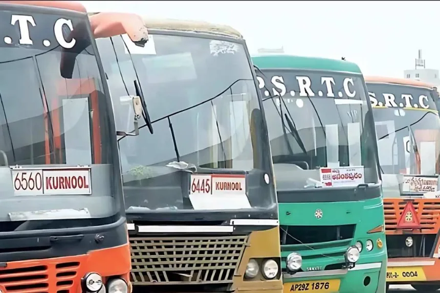 Andhra Pradesh school students boarding APSRTC bus with free bus passes under 2025 welfare scheme.