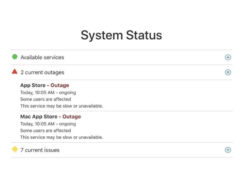 Apple System Status page showing iCloud Mail and Photos outage, 2025