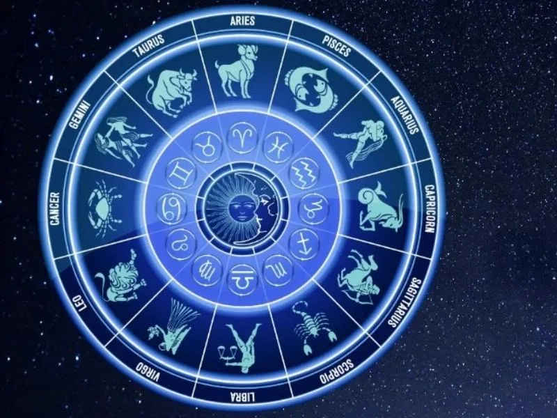 Astrological chart displaying daily horoscope for June 14, 2025, with sun sign insights in Telugu.