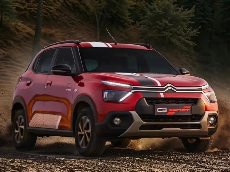 Interior of Citroen C3 Sport Edition, featuring red-black dual-tone design and ambient lighting, launched in India 2025