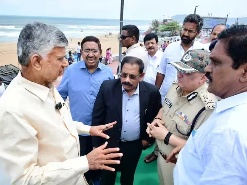Andhra Pradesh CM Chandrababu Naidu reviewing YogAndhra-2025 preparations at RK Beach, Visakhapatnam, June 16, 2025.