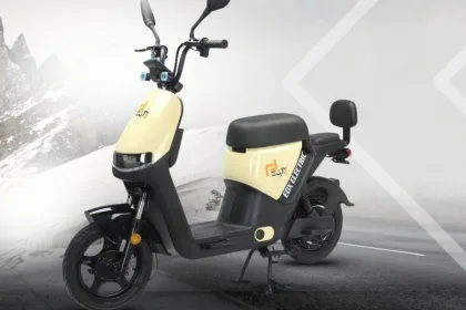 EOX OLO electric scooter 2025 in Pastel Yellow, showcasing stylish non-RTO design with 45 km range for Indian commuters