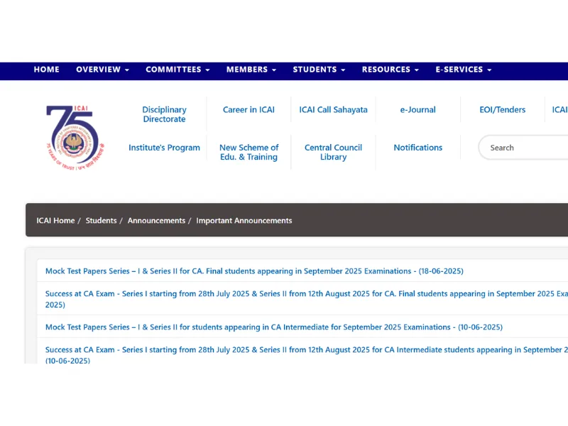 ICAI BOS portal interface for CA Final 2025 mock test paper download