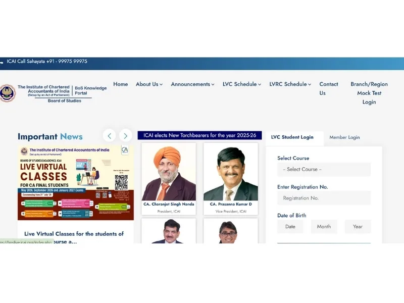 ICAI BoS Knowledge Portal interface for CA Intermediate virtual classes, 2025