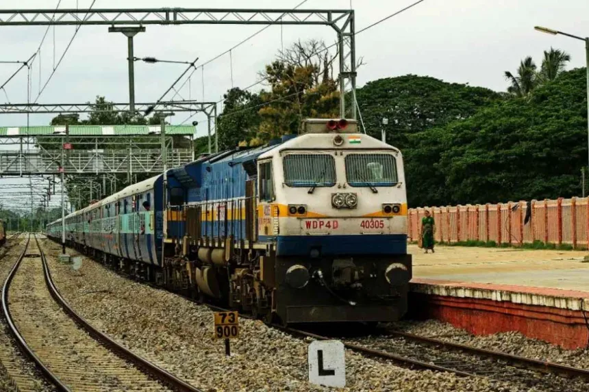 Indian Railways train at a station, reflecting the fare hike effective from July 1, 2025, with ticket price increases.