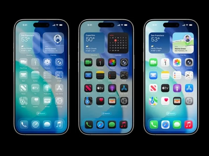 iOS 26 Liquid Glass UI interface on iPhone 15 Pro, 2025