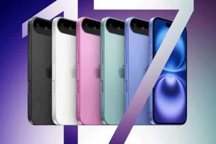 Render of iPhone 17 in purple and green colors for 2025 launch