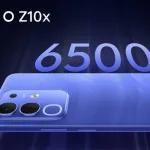 iQOO Z10x smartphone displaying its sleek design in a tech store in 2025