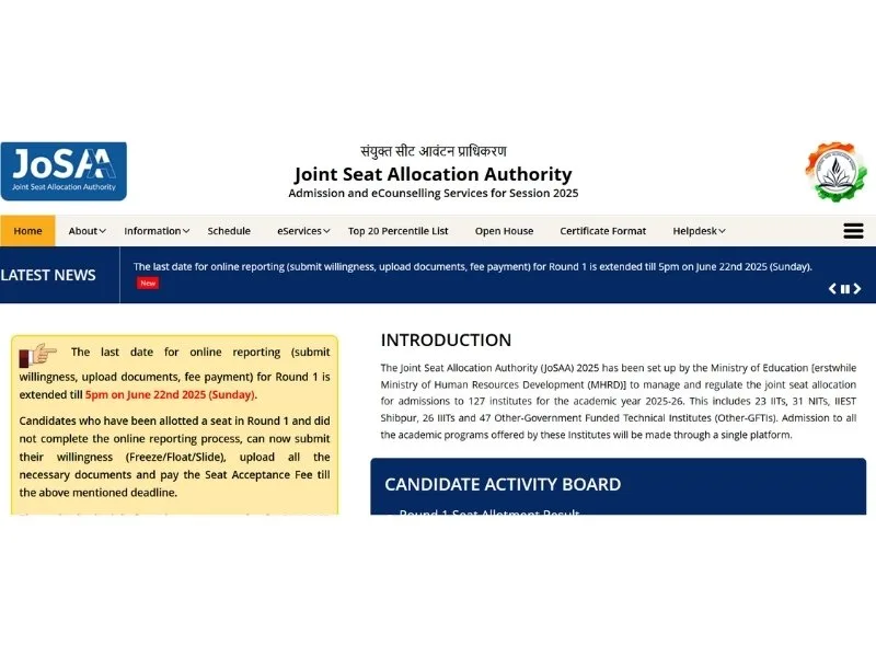 JoSAA official portal interface for Round 2 seat allotment and cutoff ranks, 2025