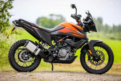 KTM 390 Adventure 2025 in orange color on an Andhra Pradesh off-road trail