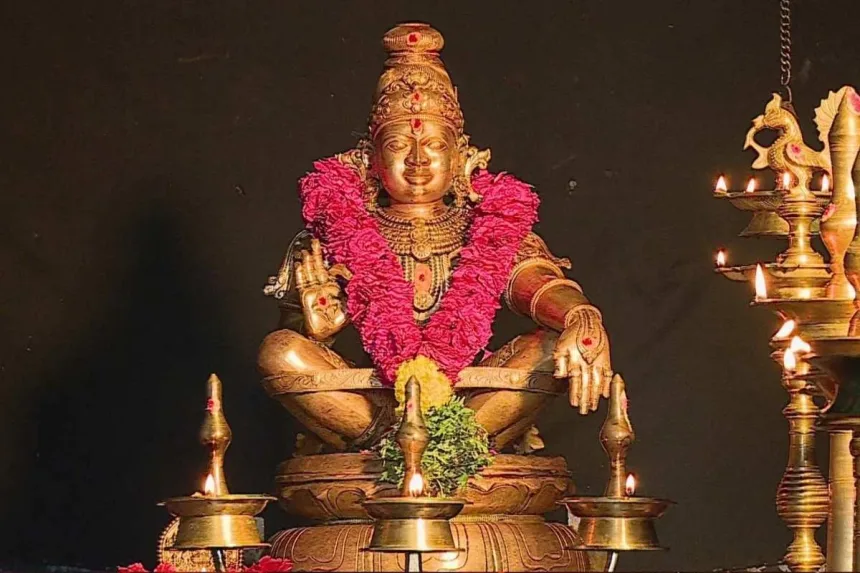 Lord Ayyappa idol at Sabarimala, symbolizing the divine birth of Harihara Putra, celebrated in 2025.