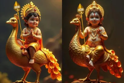 Depiction of Lord Kartikeya as Murugan, inspiring Telugu devotees with his divine valor in 2025