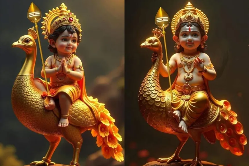 Depiction of Lord Kartikeya as Murugan, inspiring Telugu devotees with his divine valor in 2025