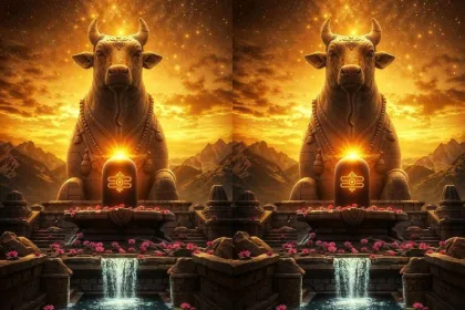Lord Nandi statue in a Shiva temple, symbolizing devotion and guardianship for Telugu devotees in 2025