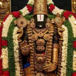 Lord Venkateswara Swamy idol in Tirumala temple, a sacred Hindu pilgrimage site for devotees.