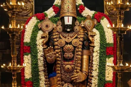 Lord Venkateswara Swamy idol in Tirumala temple, a sacred Hindu pilgrimage site for devotees.