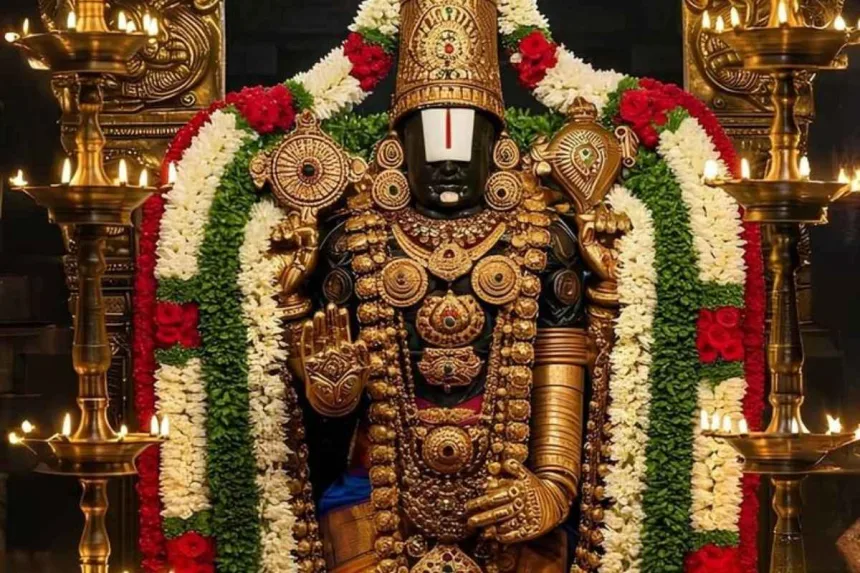 Lord Venkateswara Swamy idol in Tirumala temple, a sacred Hindu pilgrimage site for devotees.